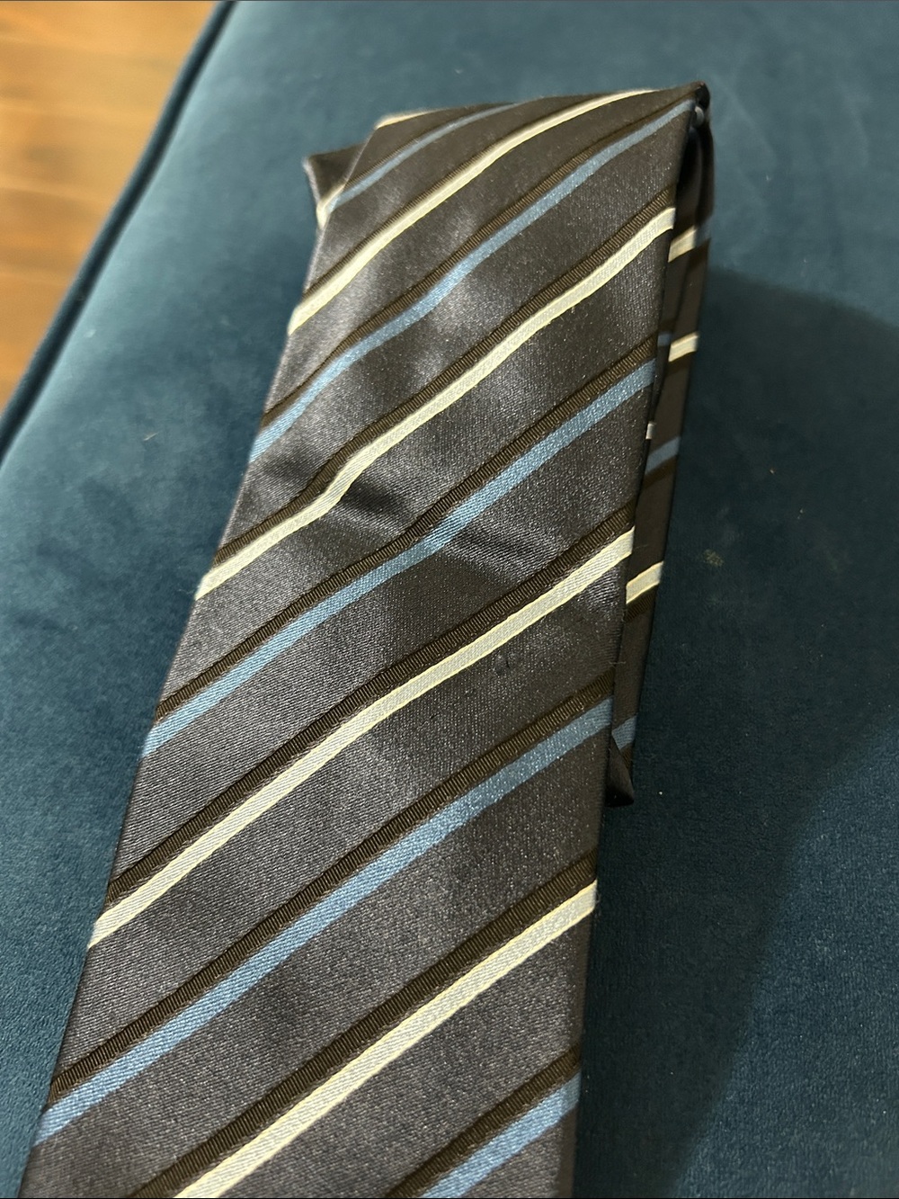 Prada Black Silk Tie with Blue and Gray Stripes - Picture 4 of 8
